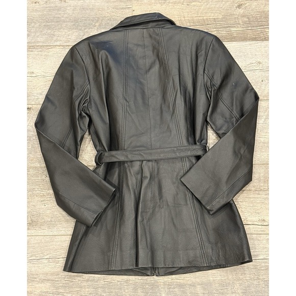 Worthington Zip Jacket Womens Small Black Genuine Leather Belted Pockets Classic - Picture 2 of 8